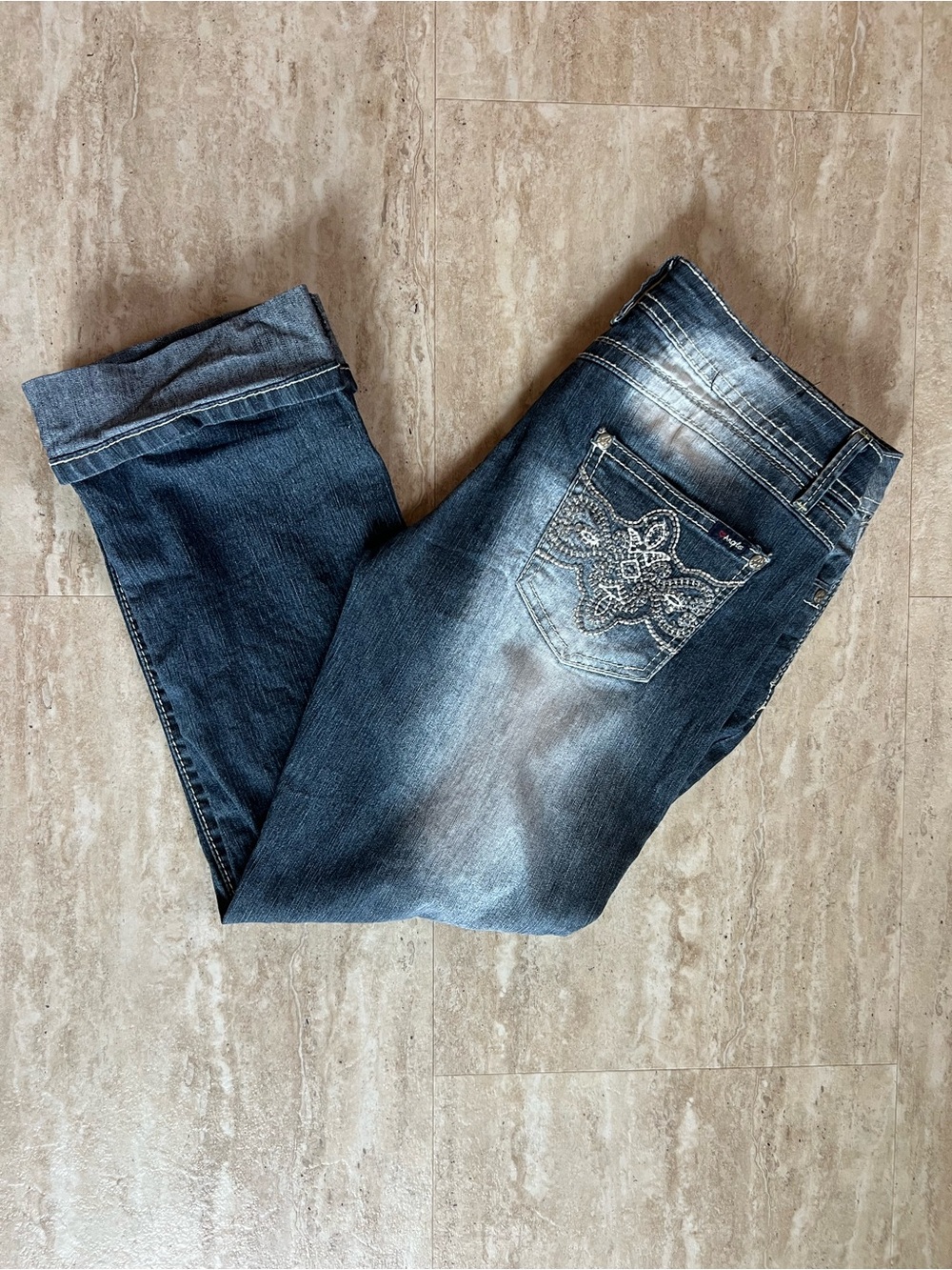 Angels Y2K denim capri jeans featuring embroidered back pocket 7